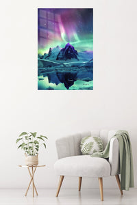 Aurora Over Frozen Peaks metal wall art displayed in a contemporary living space