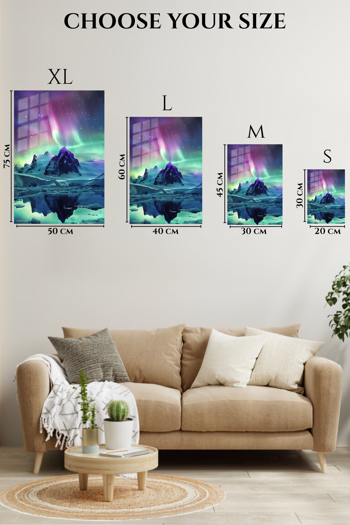 EMESA metal wall art size comparison guide for Aurora Over Frozen Peaks