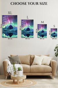 EMESA metal wall art size comparison guide for Aurora Over Frozen Peaks