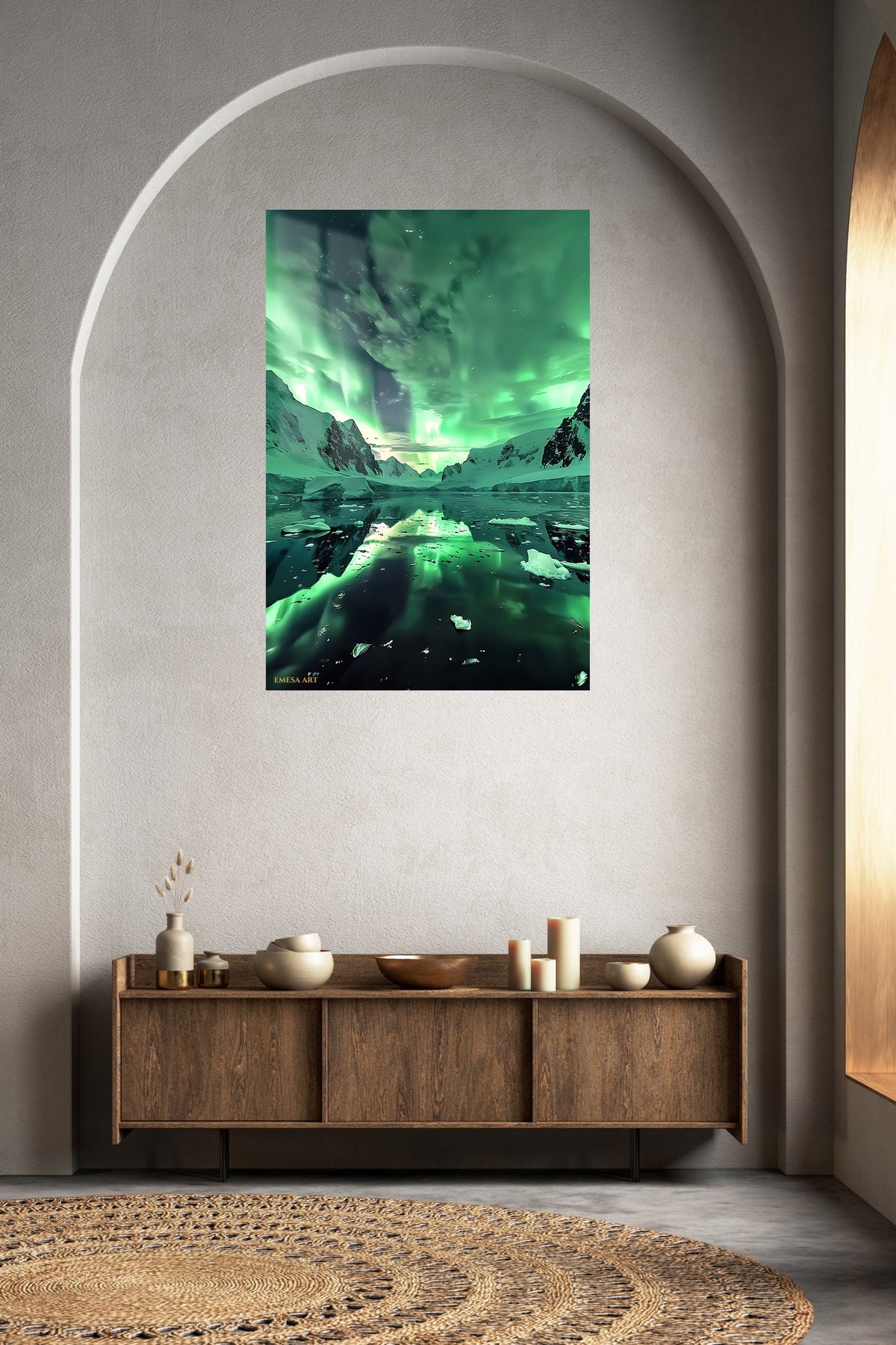 Aurora Over Frozen Lake metal wall art displayed in a contemporary living space