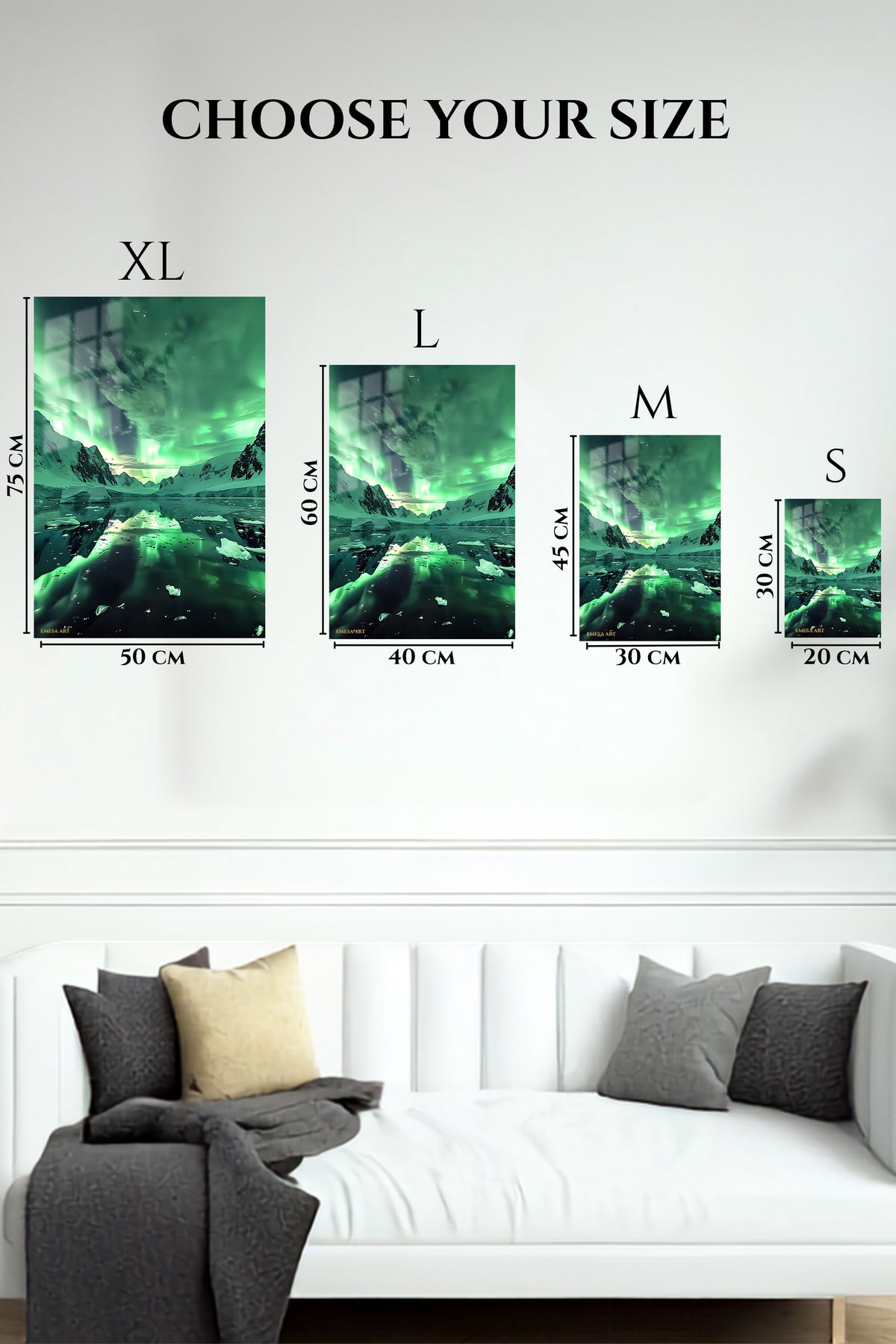 EMESA metal wall art size comparison guide for Aurora Over Frozen Lake