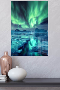 Aurora Over Frozen Shore metal wall art displayed in a modern interior
