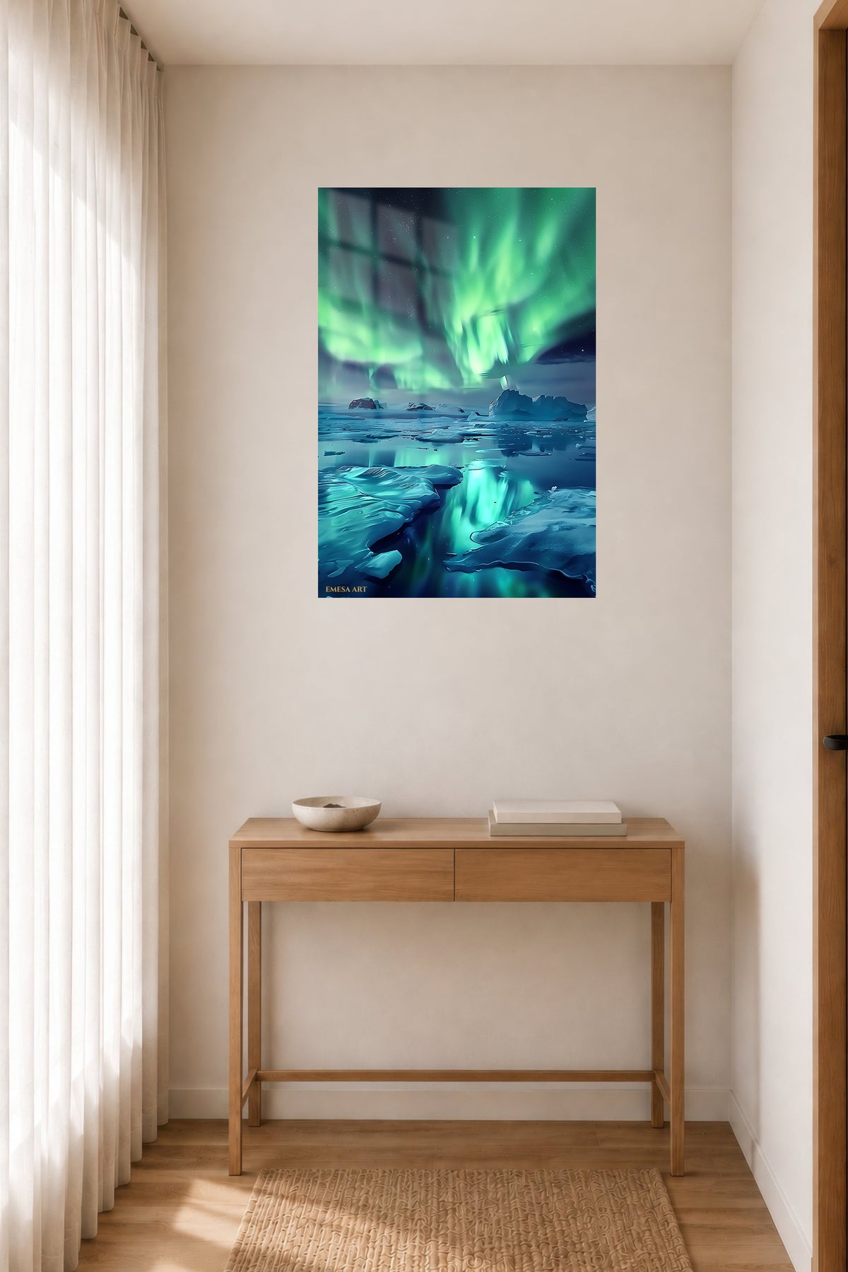 Aurora Over Frozen Shore metal wall art displayed in a contemporary living space