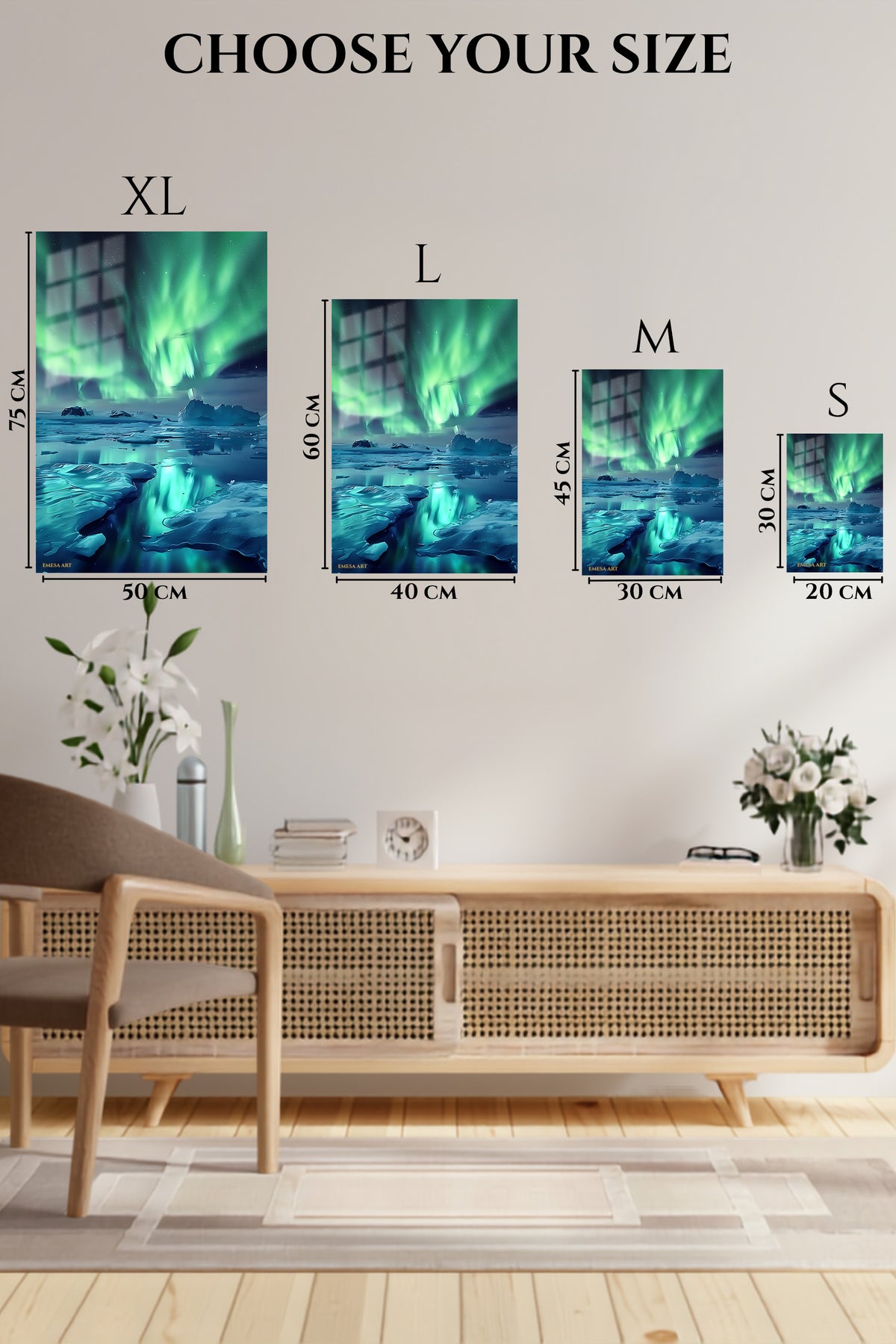EMESA metal wall art size comparison guide for Aurora Over Frozen Shore