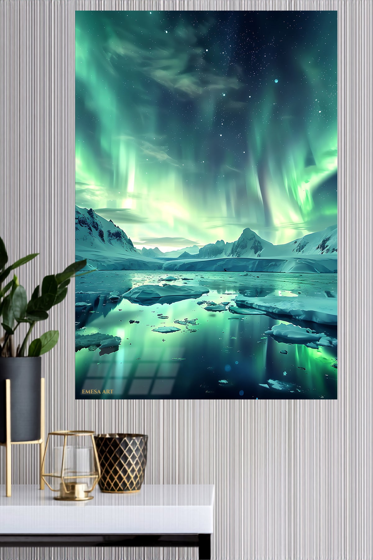 Aurora Over Frozen Lagoon metal wall art displayed in a modern interior