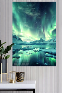 Aurora Over Frozen Lagoon metal wall art displayed in a modern interior