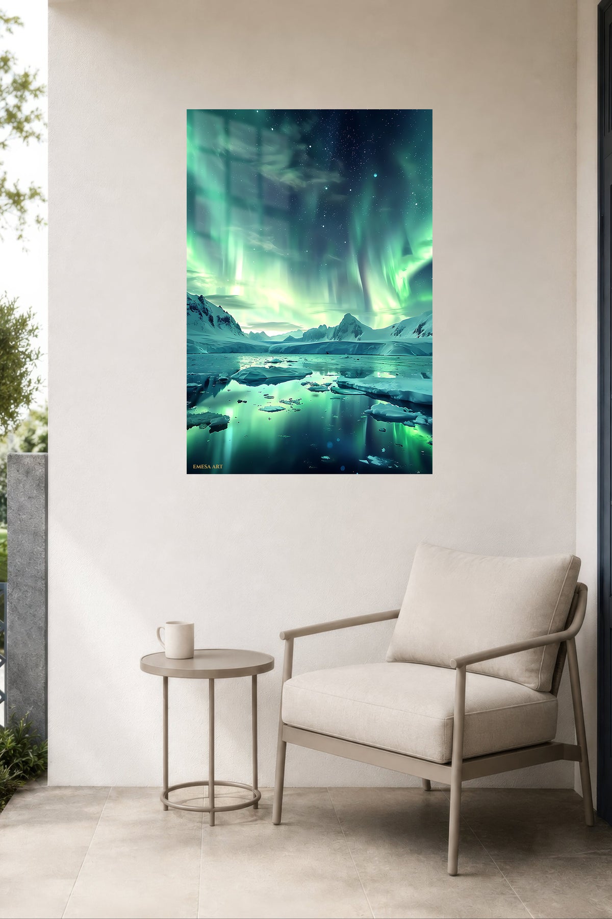 Aurora Over Frozen Lagoon metal wall art displayed in a contemporary living space