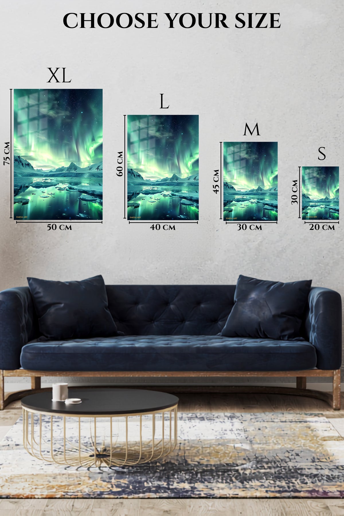 EMESA metal wall art size comparison guide for Aurora Over Frozen Lagoon