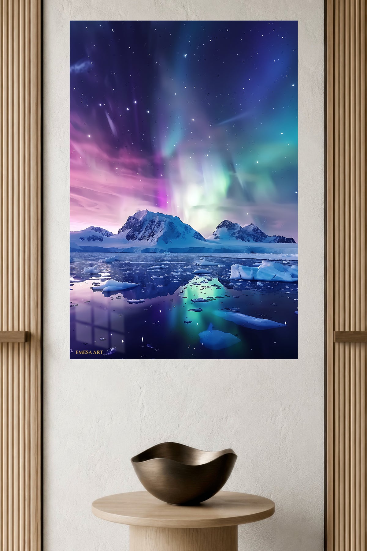 Aurora Over Frozen Peaks metal wall art displayed in a modern interior