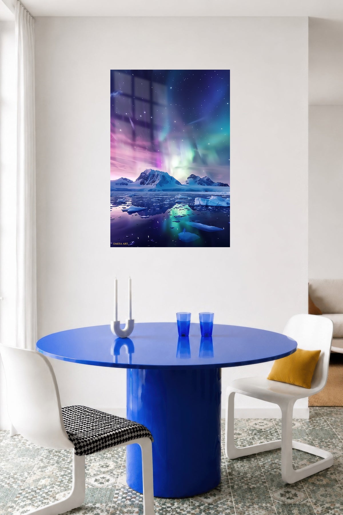 Aurora Over Frozen Peaks metal wall art displayed in a contemporary living space