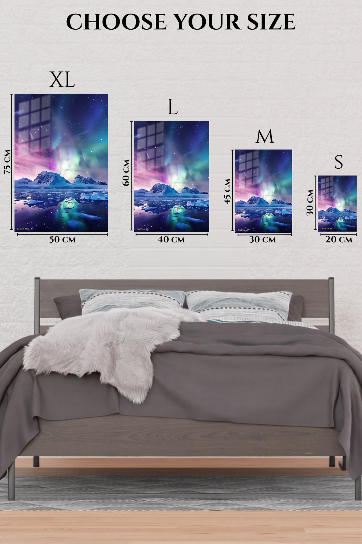 EMESA metal wall art size comparison guide for Aurora Over Frozen Peaks