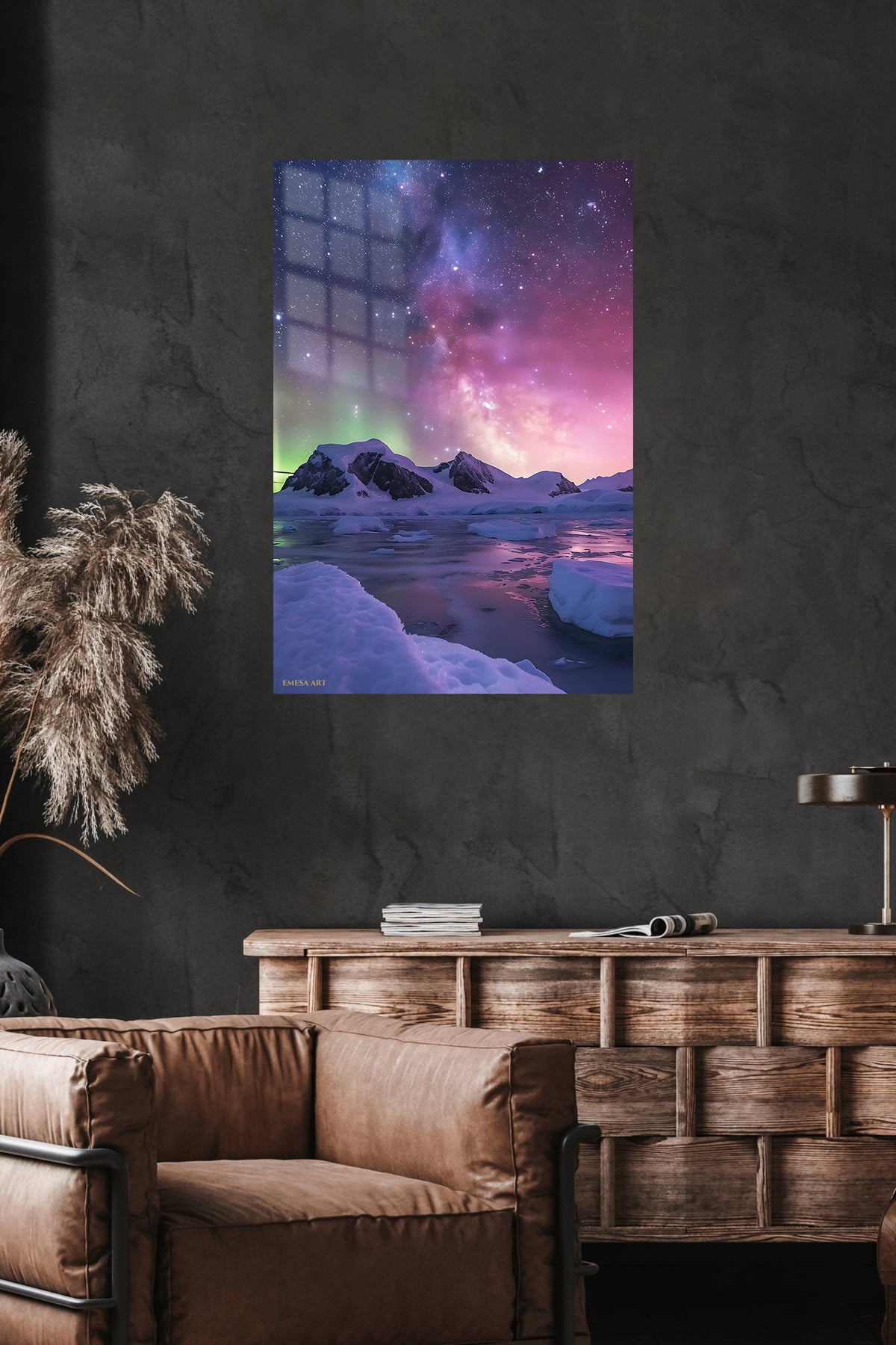 Aurora Over Frozen Peaks metal wall art displayed in a modern interior