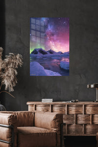 Aurora Over Frozen Peaks metal wall art displayed in a modern interior