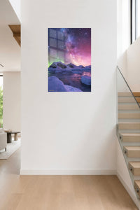 Aurora Over Frozen Peaks metal wall art displayed in a contemporary living space