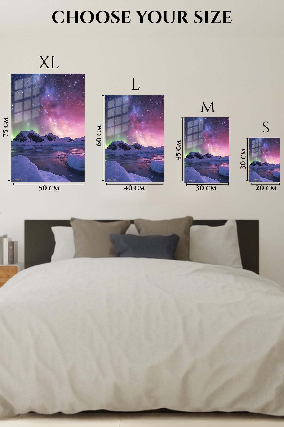 EMESA metal wall art size comparison guide for Aurora Over Frozen Peaks