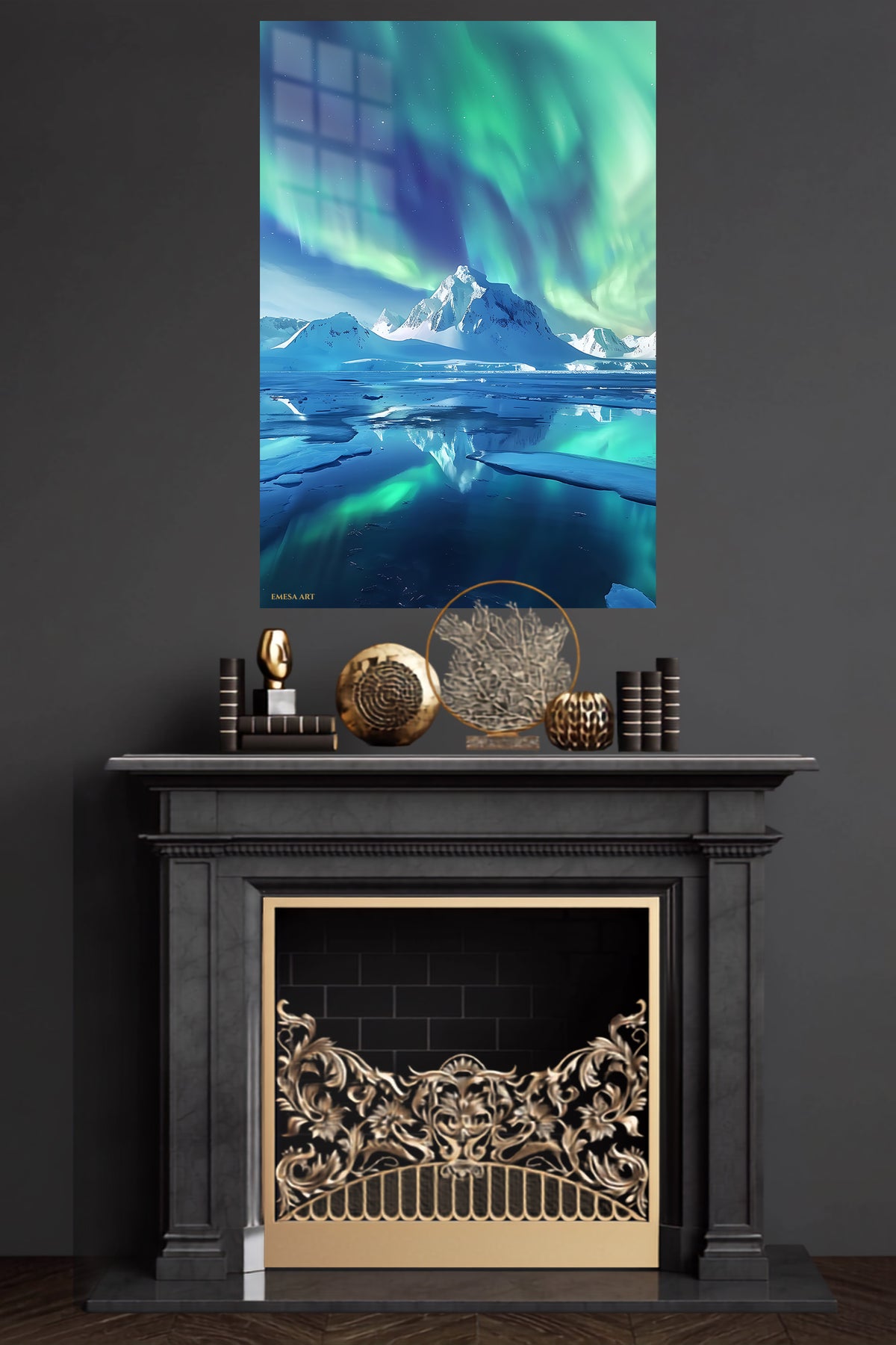 Aurora Over Frozen Peaks metal wall art displayed in a modern interior