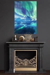 Aurora Over Frozen Peaks metal wall art displayed in a modern interior