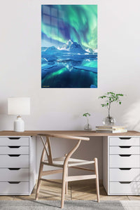 Aurora Over Frozen Peaks metal wall art displayed in a contemporary living space