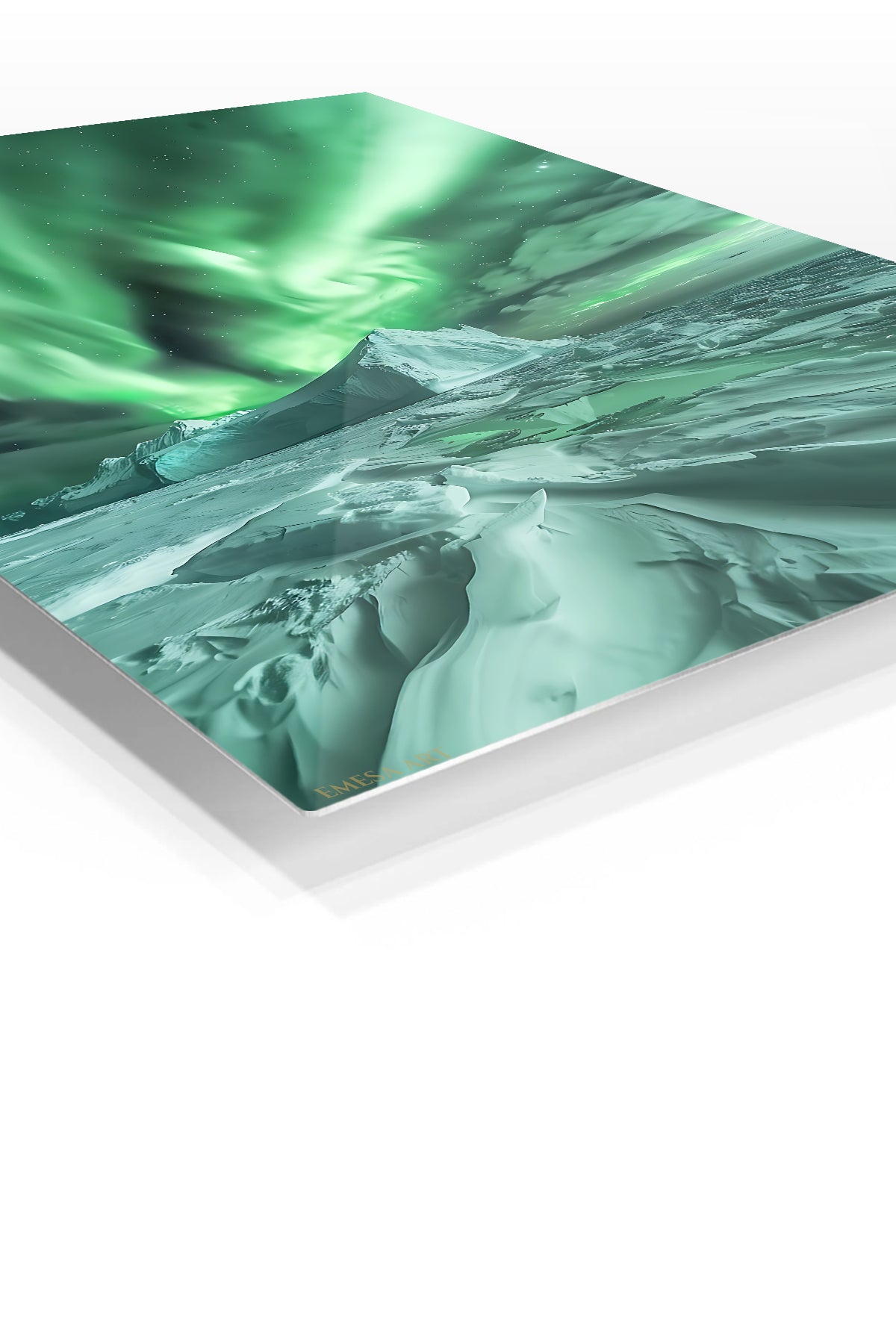 Emerald Aurora Over Iceberg premium metal wall art – angled view