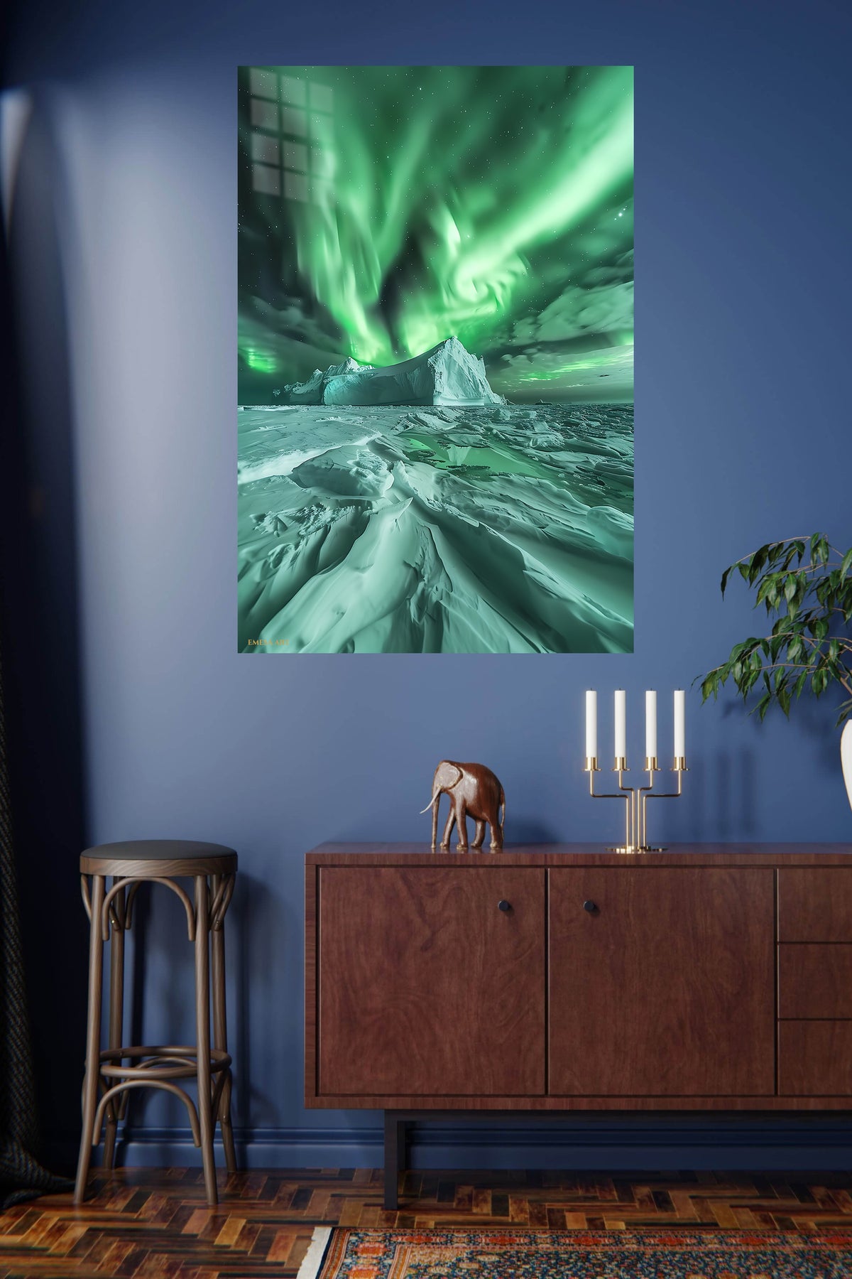 Emerald Aurora Over Iceberg metal wall art displayed in a modern interior