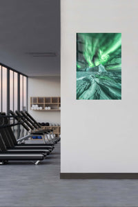 Emerald Aurora Over Iceberg metal wall art displayed in a contemporary living space
