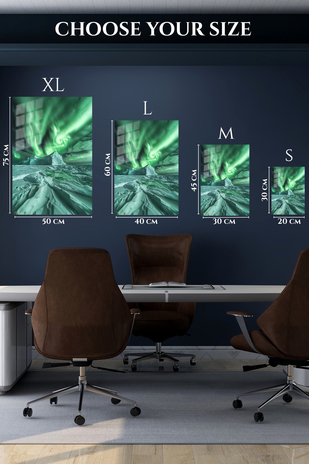 EMESA metal wall art size comparison guide for Emerald Aurora Over Iceberg