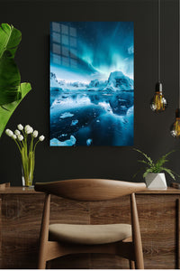Aurora Over Frozen Peaks metal wall art displayed in a modern interior