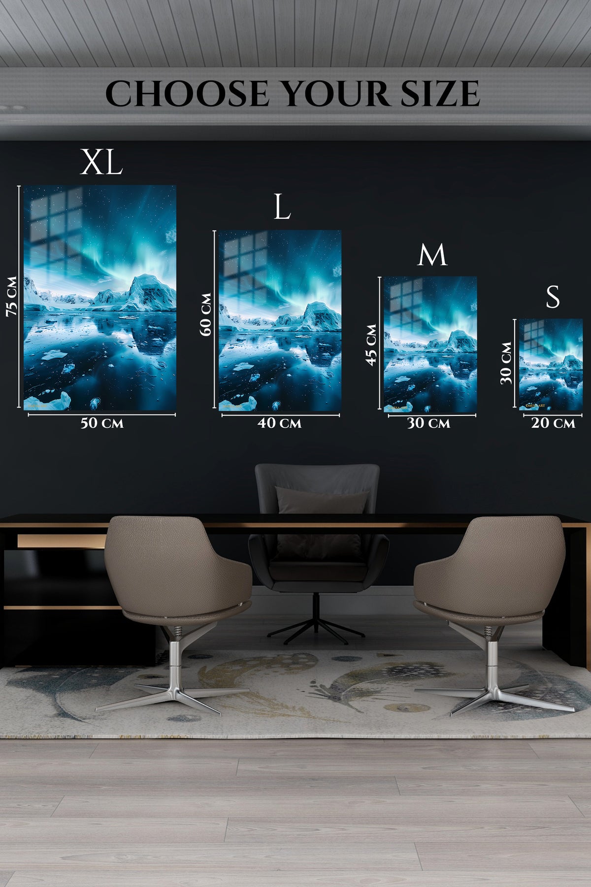 EMESA metal wall art size comparison guide for Aurora Over Frozen Peaks