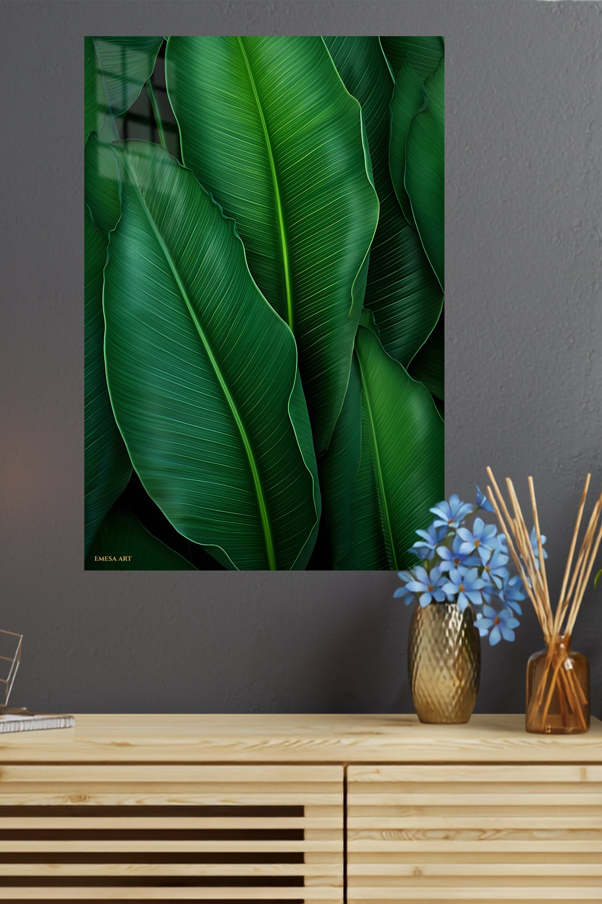 Emerald Tropical Leaf Canopy metal wall art displayed in a modern interior