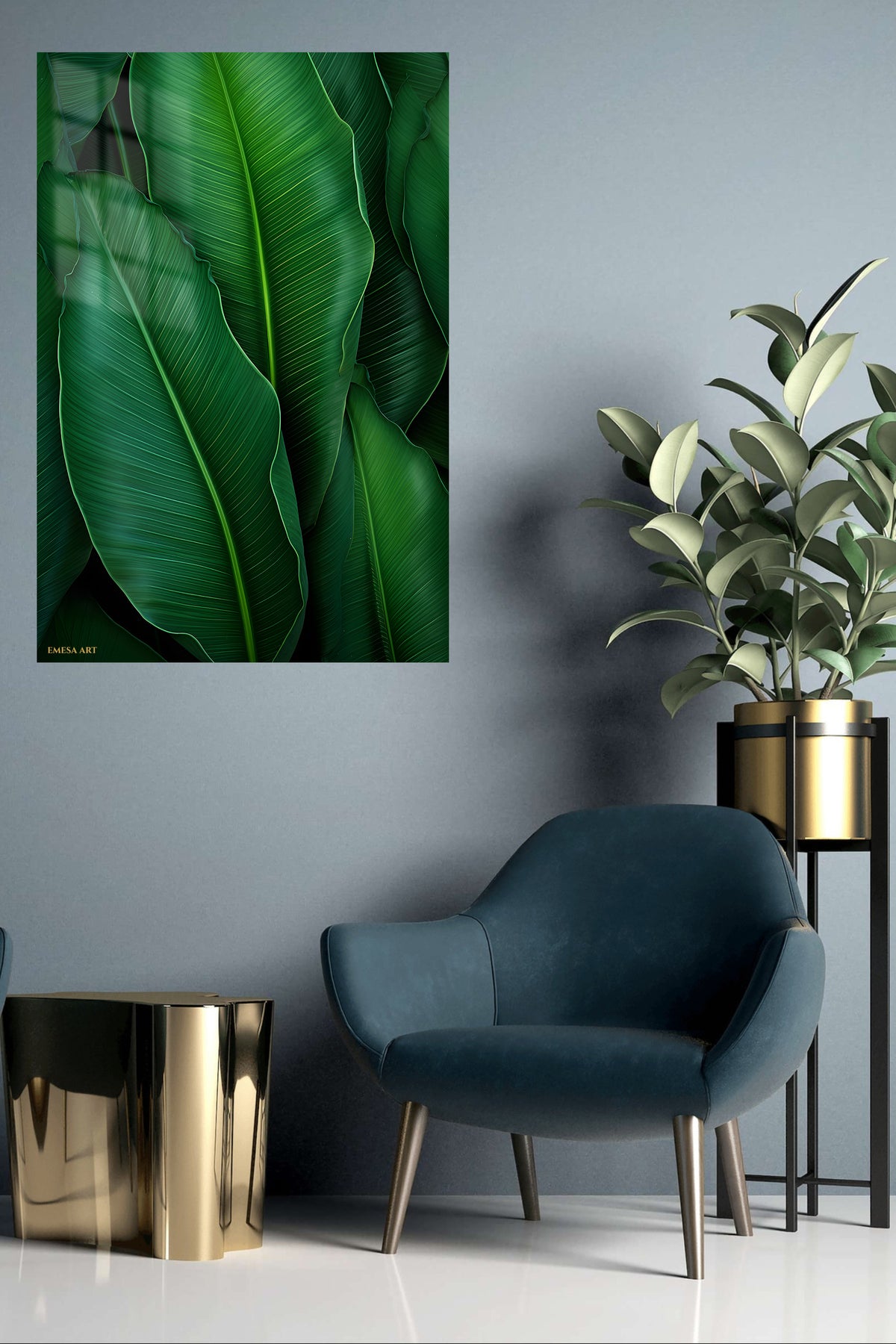 Emerald Tropical Leaf Canopy metal wall art displayed in a contemporary living space