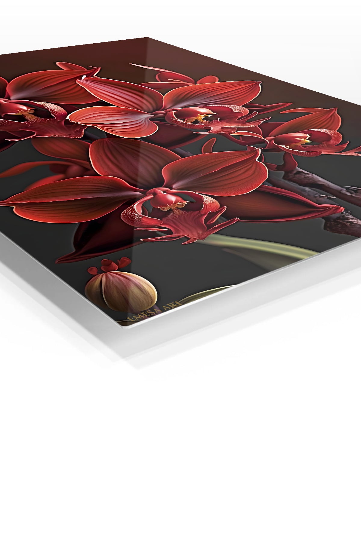 Crimson Orchid Cluster premium metal wall art – angled view