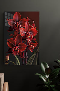 Crimson Orchid Cluster metal wall art displayed in a modern interior