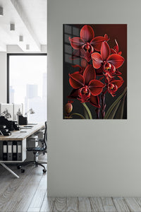 Crimson Orchid Cluster metal wall art displayed in a contemporary living space