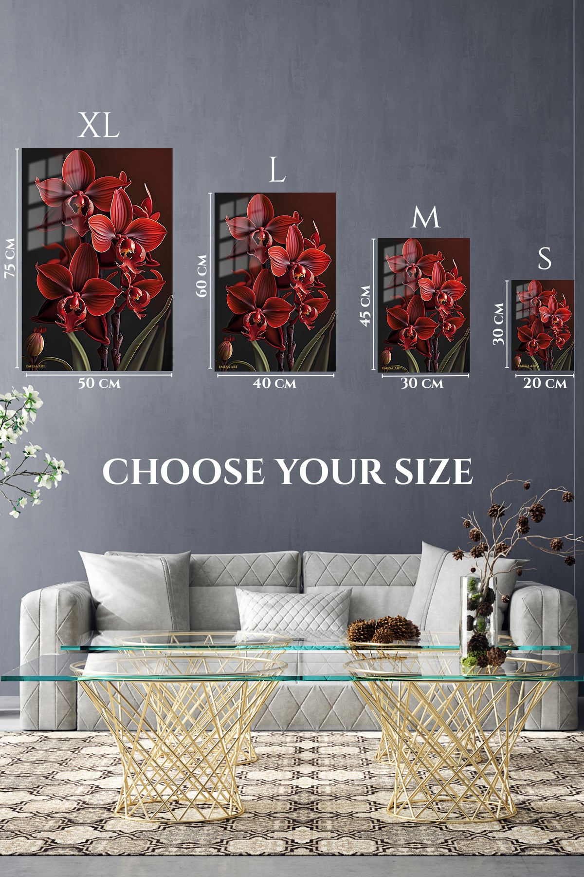 EMESA metal wall art size comparison guide for Crimson Orchid Cluster