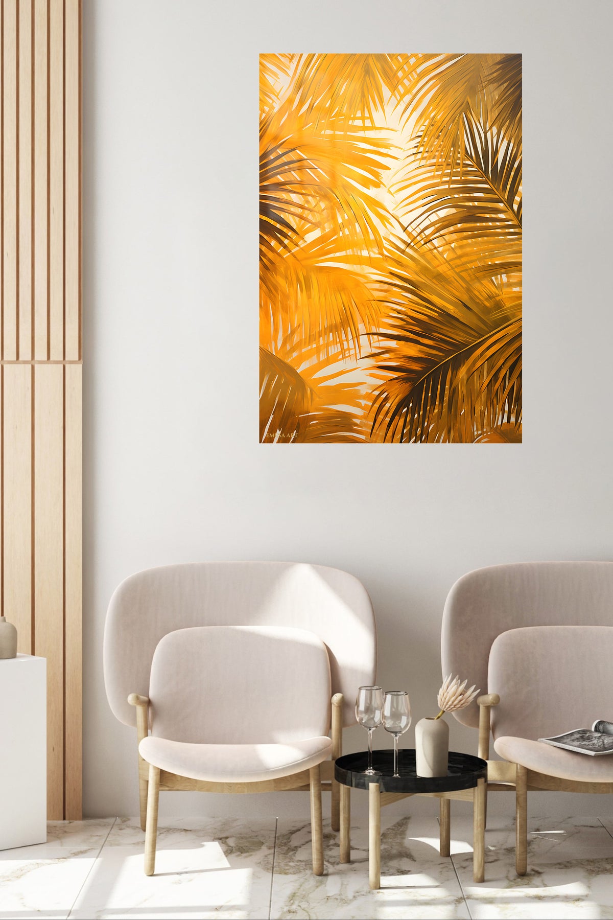 Golden Palm Canopy metal wall art displayed in a contemporary living space
