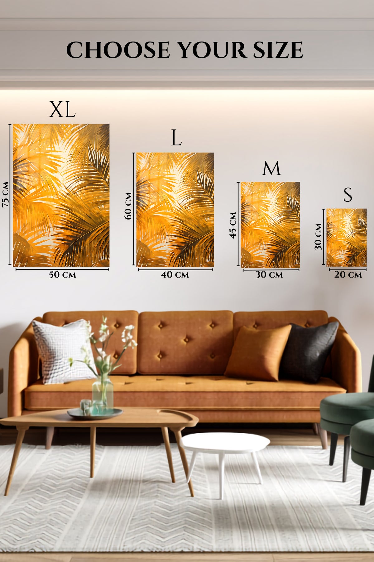 EMESA metal wall art size comparison guide for Golden Palm Canopy