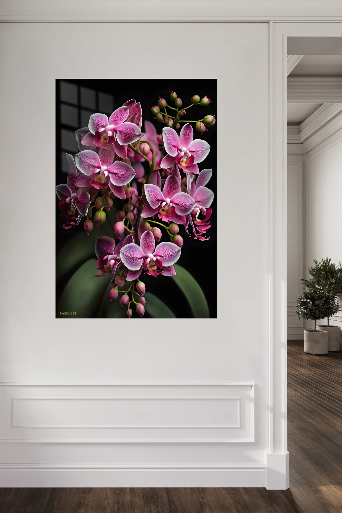 Radiant Pink Orchid Cascade metal wall art displayed in a contemporary living space