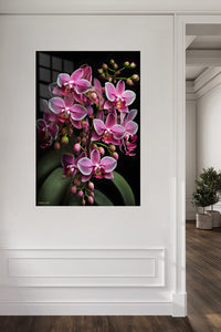 Radiant Pink Orchid Cascade metal wall art displayed in a contemporary living space