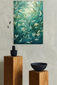 Flowing Teal Botanical Garden metal wall art displayed in a modern interior
