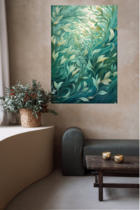 Flowing Teal Botanical Garden metal wall art displayed in a contemporary living space