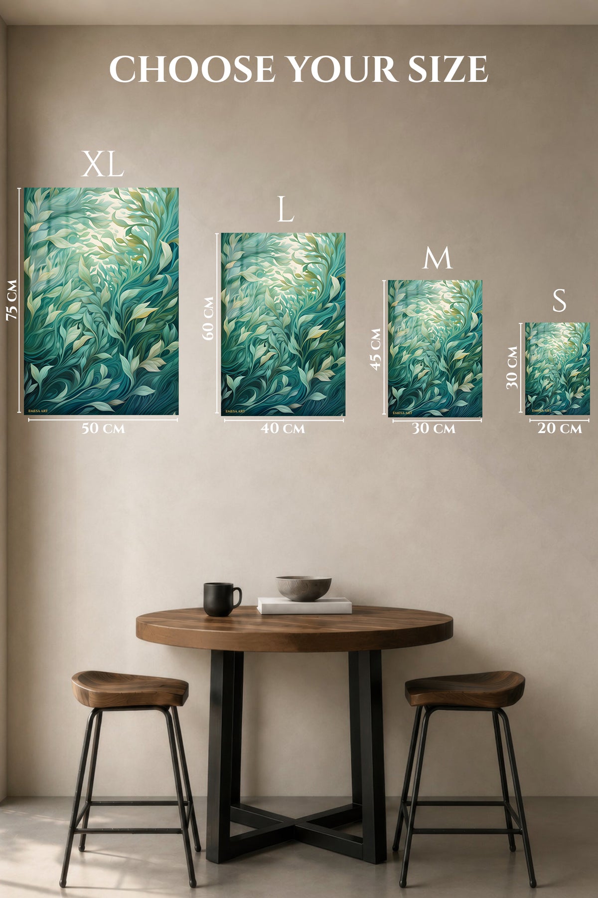 EMESA metal wall art size comparison guide for Flowing Teal Botanical Garden