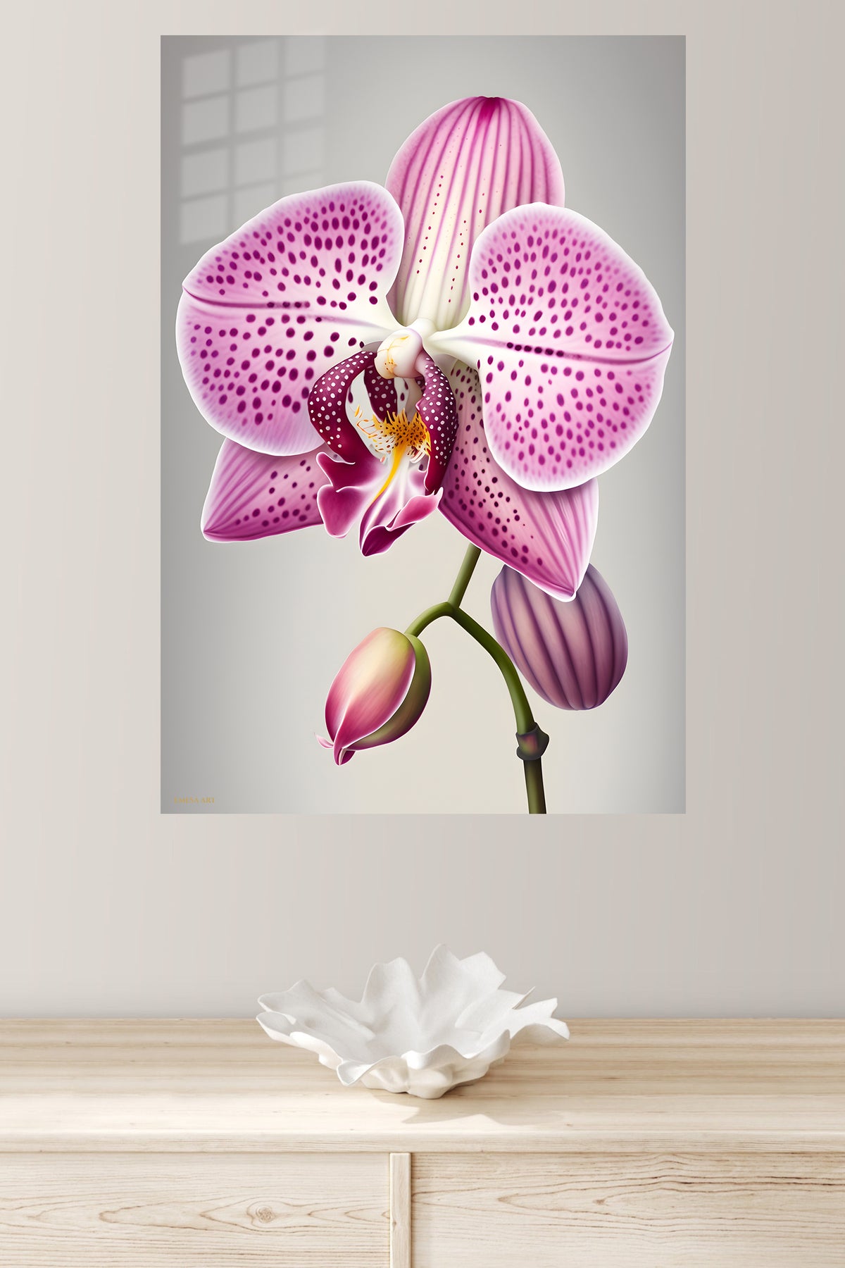 Spotted Pink Orchid Bloom metal wall art displayed in a modern interior