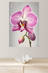 Spotted Pink Orchid Bloom metal wall art displayed in a modern interior