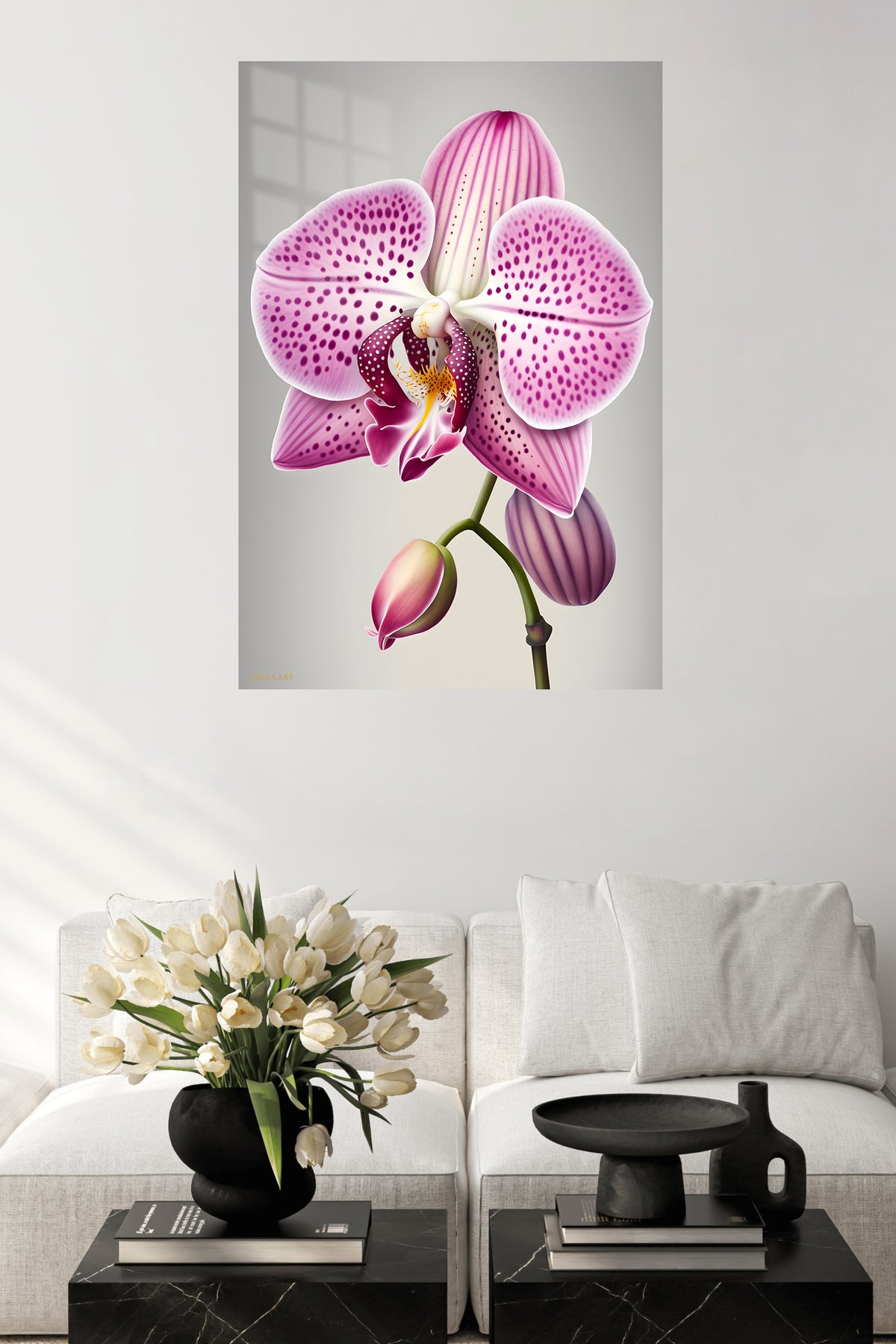 Spotted Pink Orchid Bloom metal wall art displayed in a contemporary living space