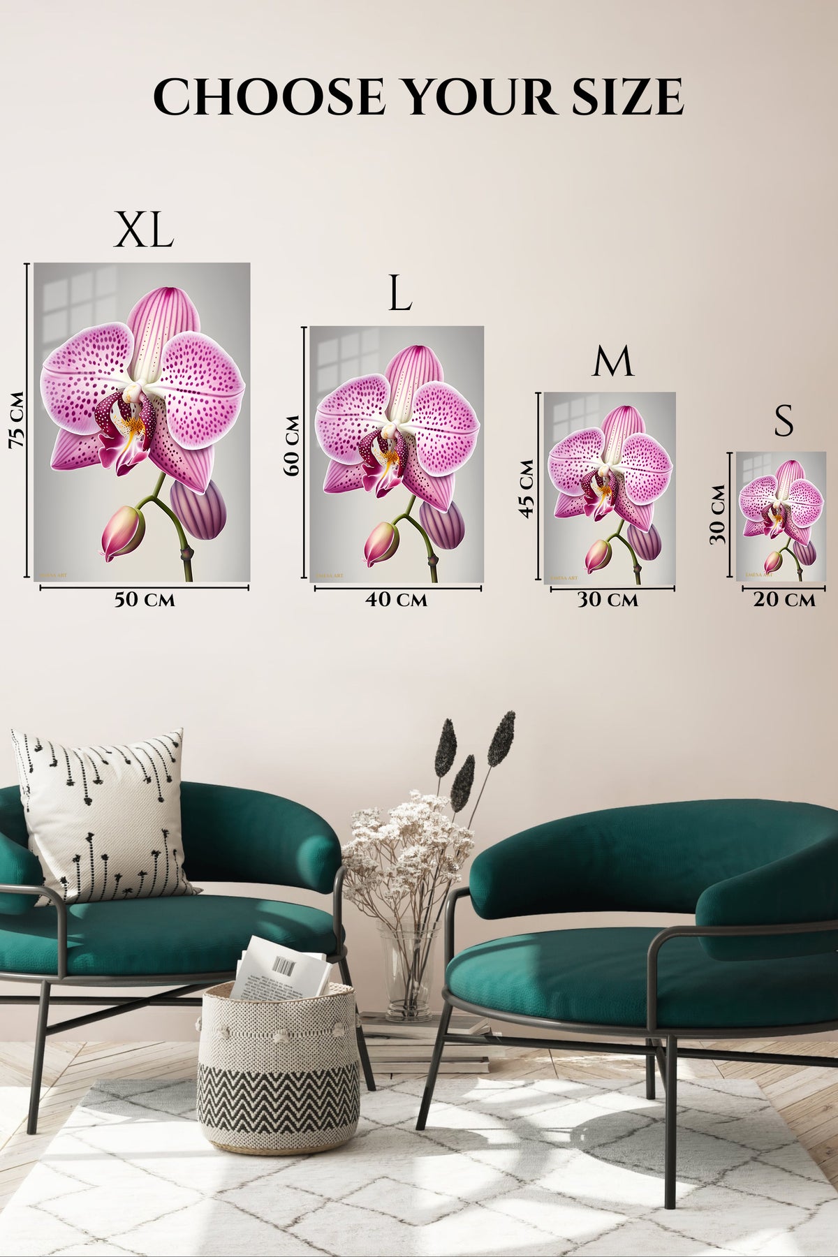 EMESA metal wall art size comparison guide for Spotted Pink Orchid Bloom