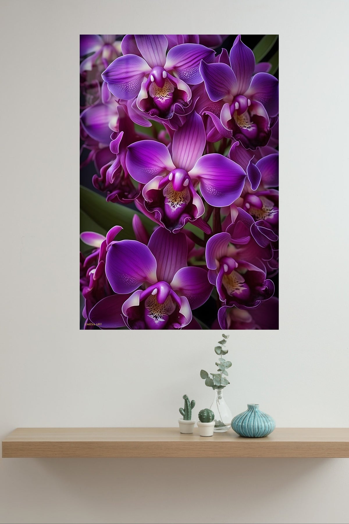 Velvet Purple Orchid Cluster metal wall art displayed in a modern interior