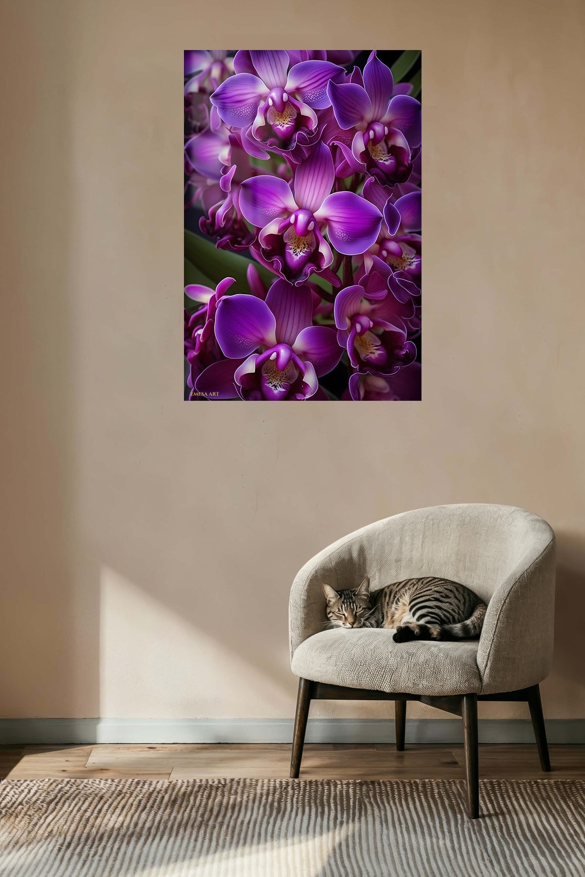 Velvet Purple Orchid Cluster metal wall art displayed in a contemporary living space
