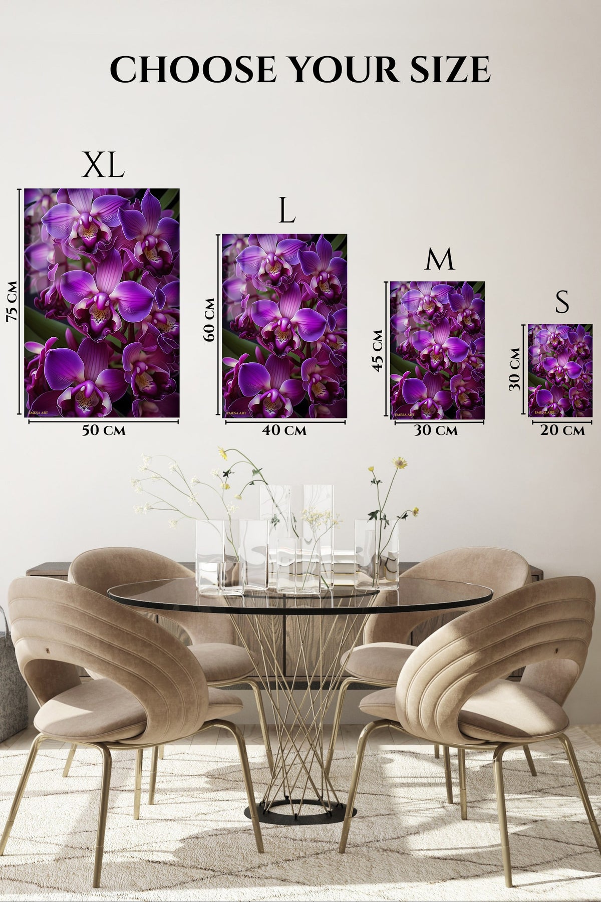 EMESA metal wall art size comparison guide for Velvet Purple Orchid Cluster