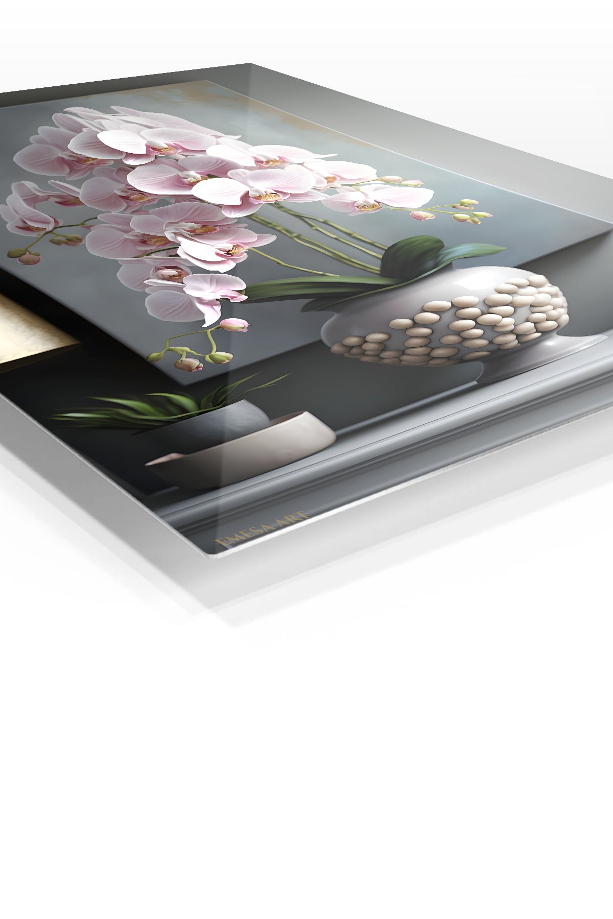 Blush Orchid Cascade premium metal wall art – angled view
