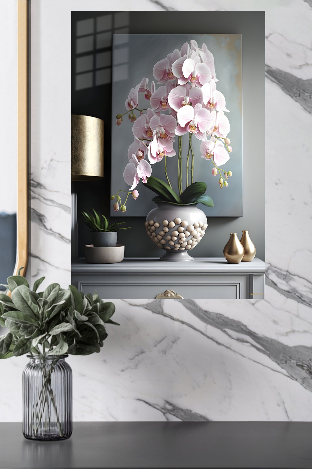Blush Orchid Cascade metal wall art displayed in a modern interior